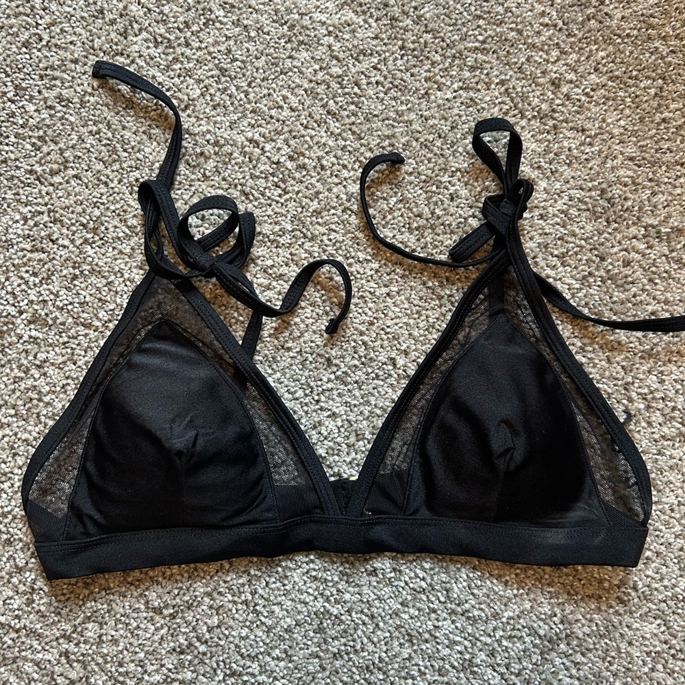 Black triangle padded bikini top with mesh detail